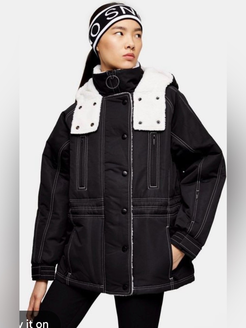 TOPSHOP SNO Black Faux-Shearling Collar Parka Jacket